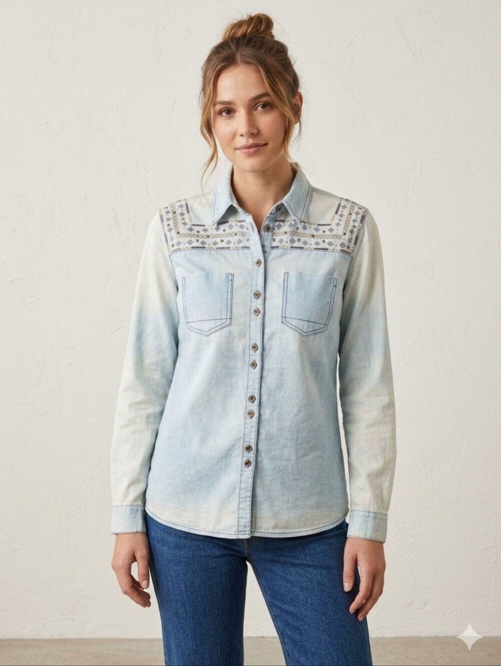 Red Ranch M Embroidered Denim Lslv Western Button Up Women Shirt Light Wash